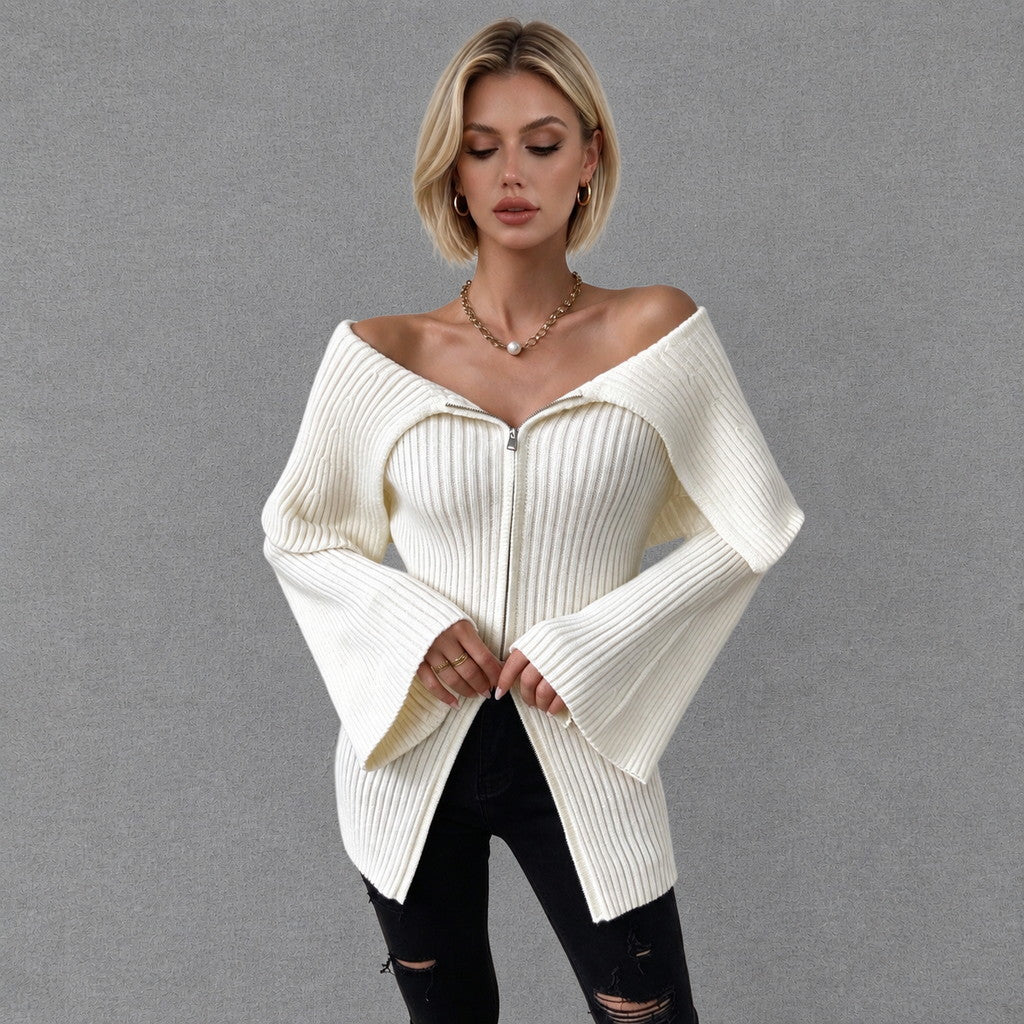 Cream Off Shoulder Ribbed Zip Cardigan