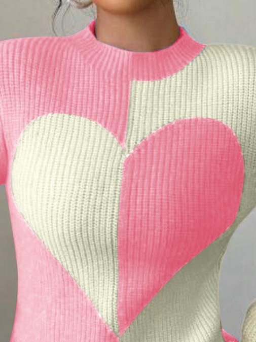 Women Pink Heart Color Block Knit Sweater Crew Neck Long Sleeve Pullover Top