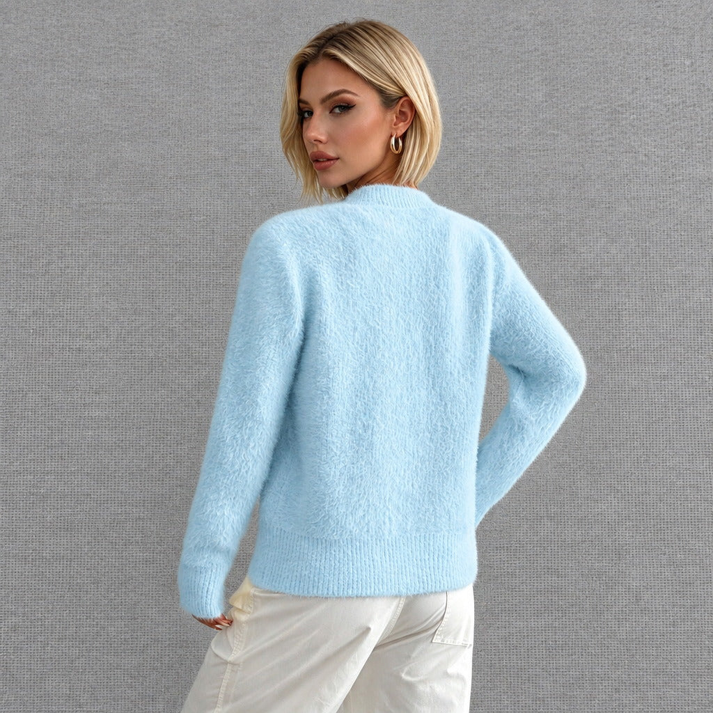 Women’s Blue Heart Fuzzy Knit Cardigan