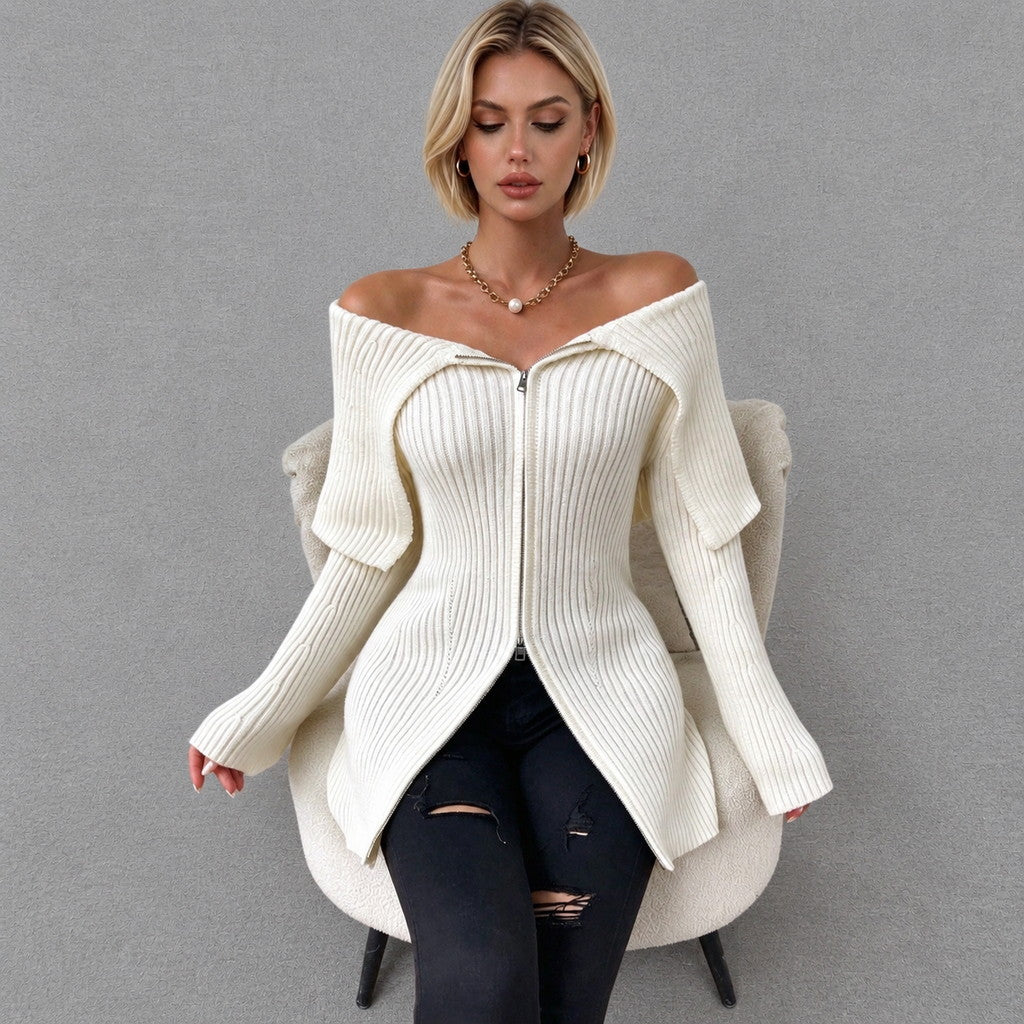 Women’s Cream Off Shoulder Ribbed Zip Cardigan | Long Sleeve Slim Fit Knit Top