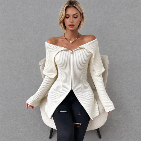 Women’s Cream Off Shoulder Ribbed Zip Cardigan | Long Sleeve Slim Fit Knit Top