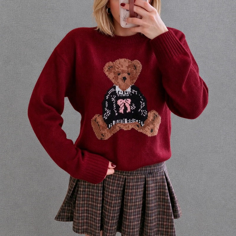 Burgundy Teddy Bear Oversized Knit Jumper