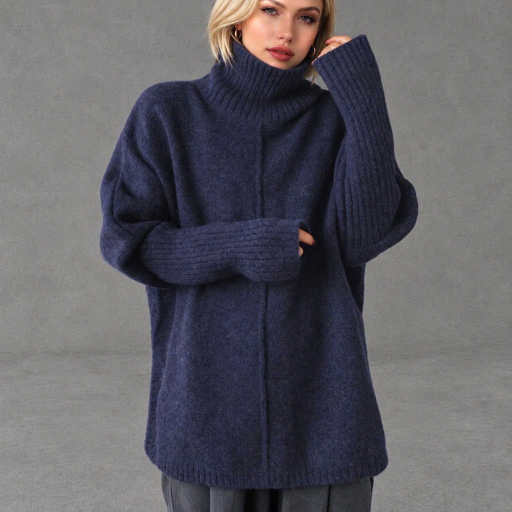 Women’s Navy Oversized Turtleneck Knit Jumper Long Sleeve Cosy Pullover
