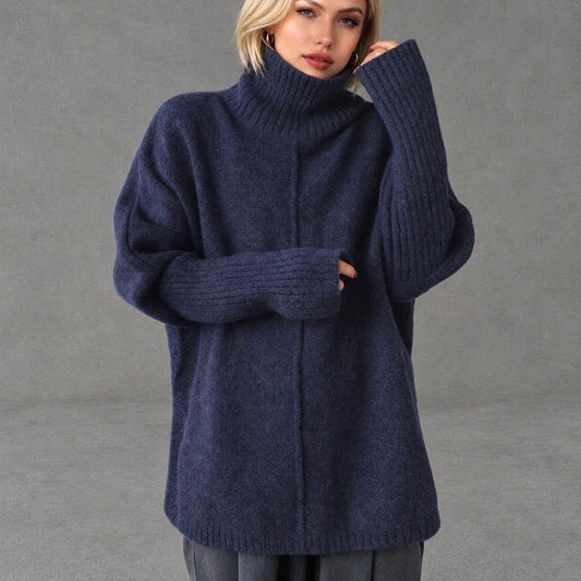 Women’s Navy Oversized Turtleneck Knit Jumper Long Sleeve Cosy Pullover