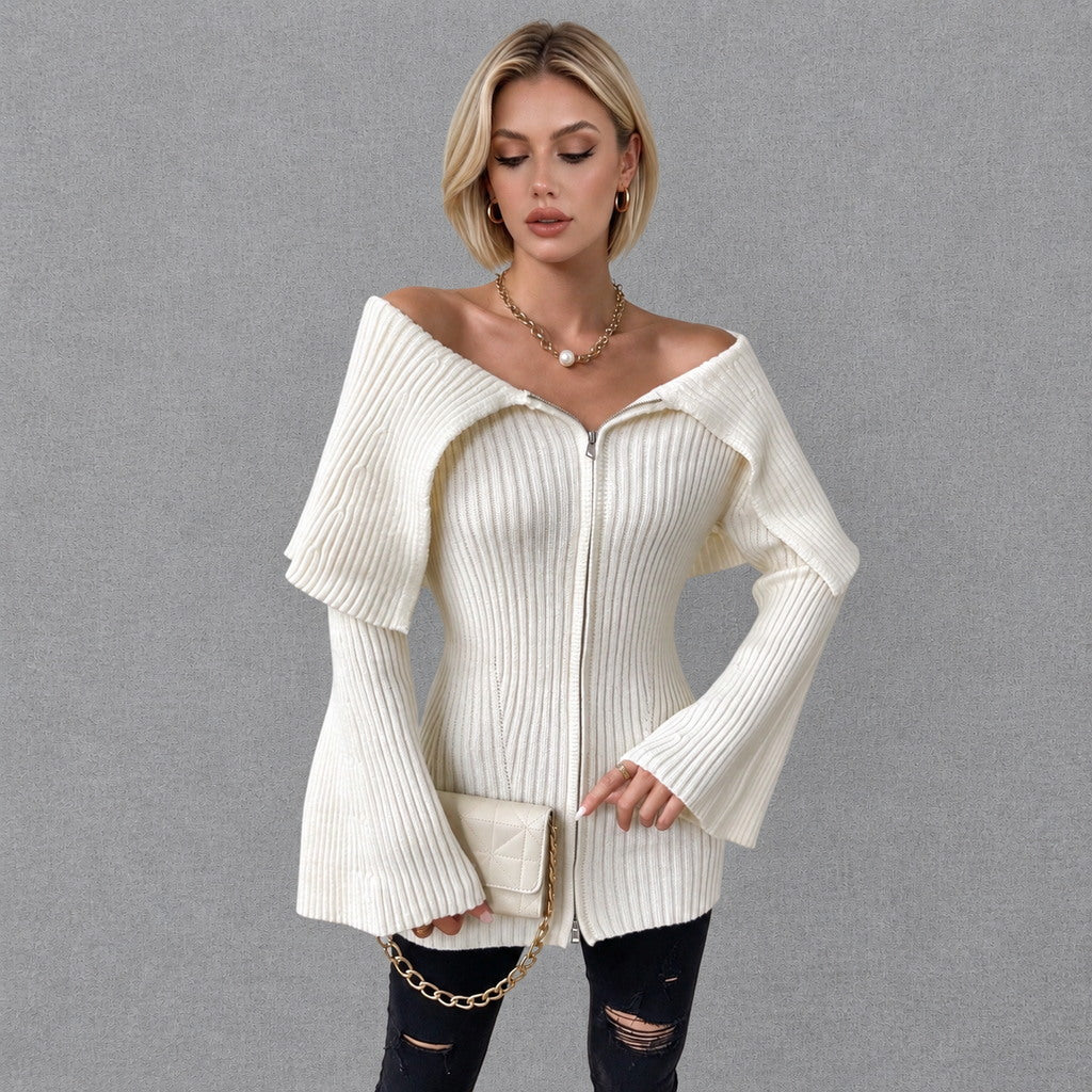Cream Off Shoulder Ribbed Zip Cardigan