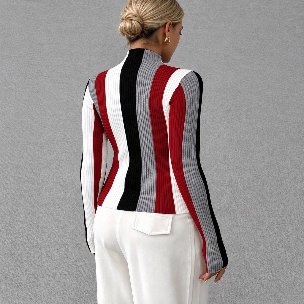 Striped Ribbed Mock Neck Knit Top