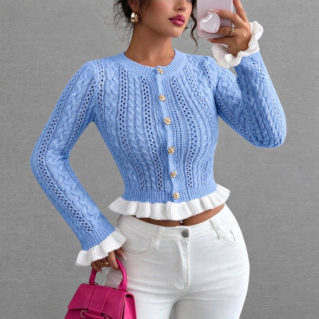 Women’s Blue Ruffle Cable Knit Cardigan
