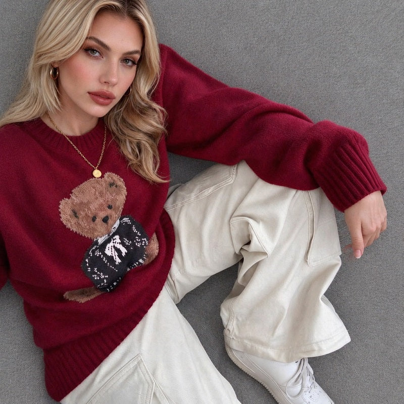Burgundy Teddy Bear Oversized Knit Jumper