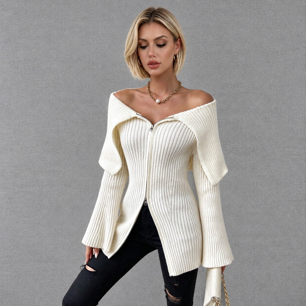 Cream Off Shoulder Ribbed Zip Cardigan