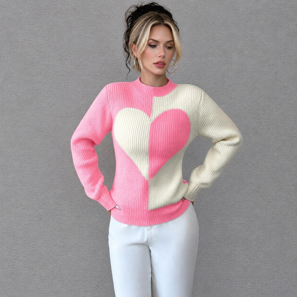 Women Pink Heart Color Block Knit Sweater Crew Neck Long Sleeve Pullover Top