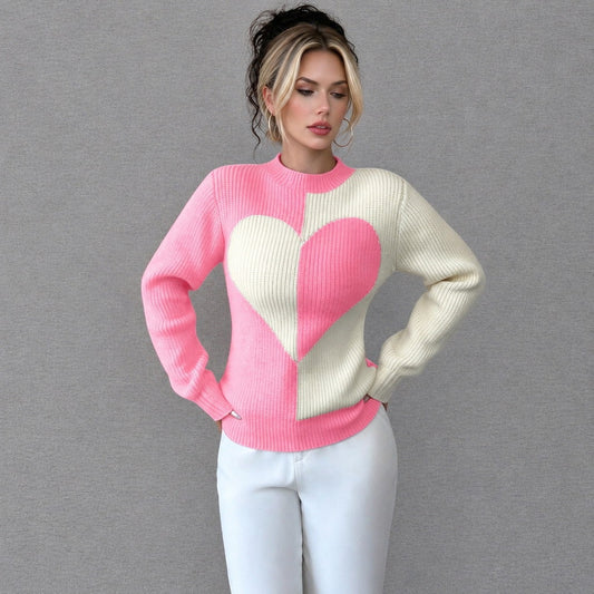 Women Pink Heart Color Block Knit Sweater Crew Neck Long Sleeve Pullover Top