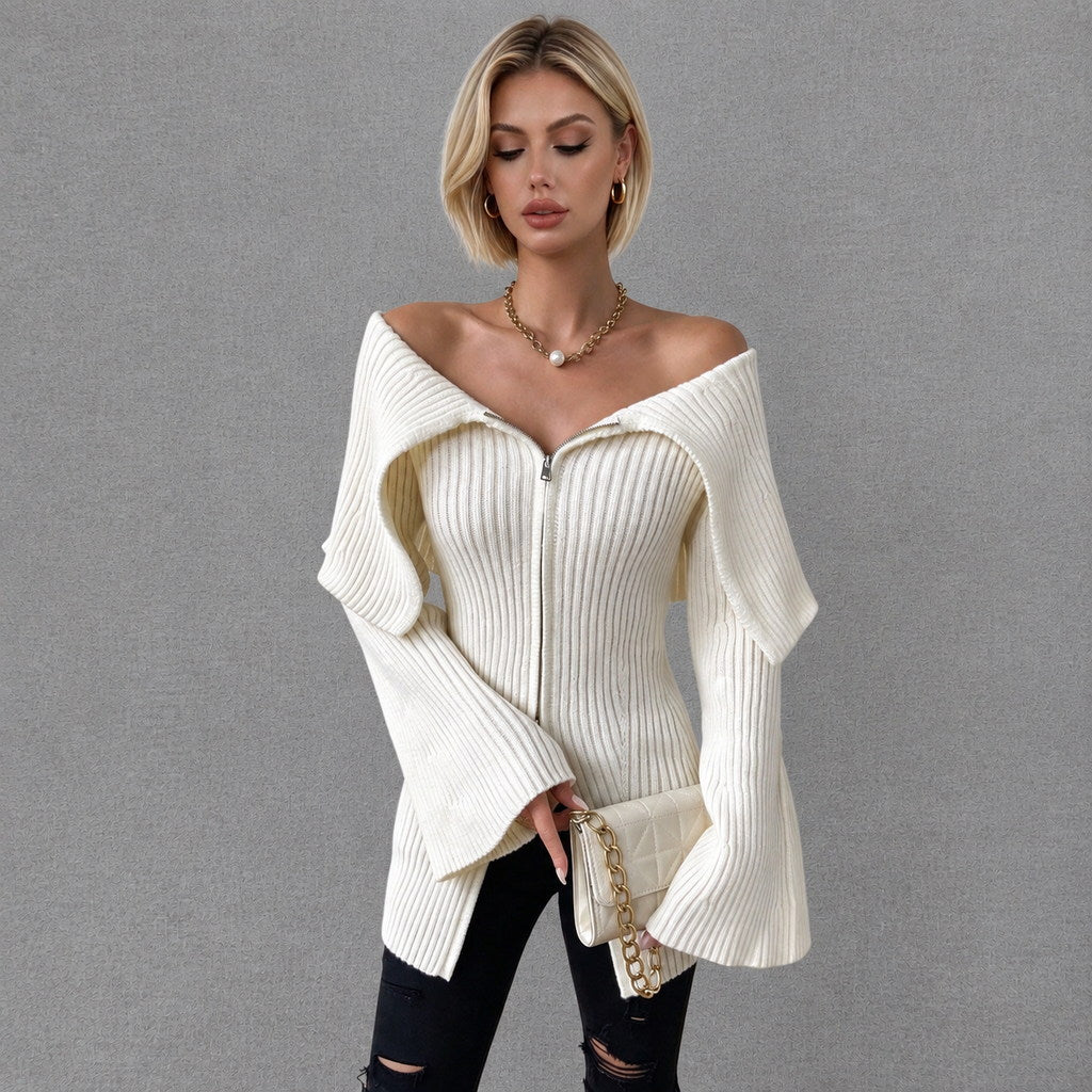 Cream Off Shoulder Ribbed Zip Cardigan