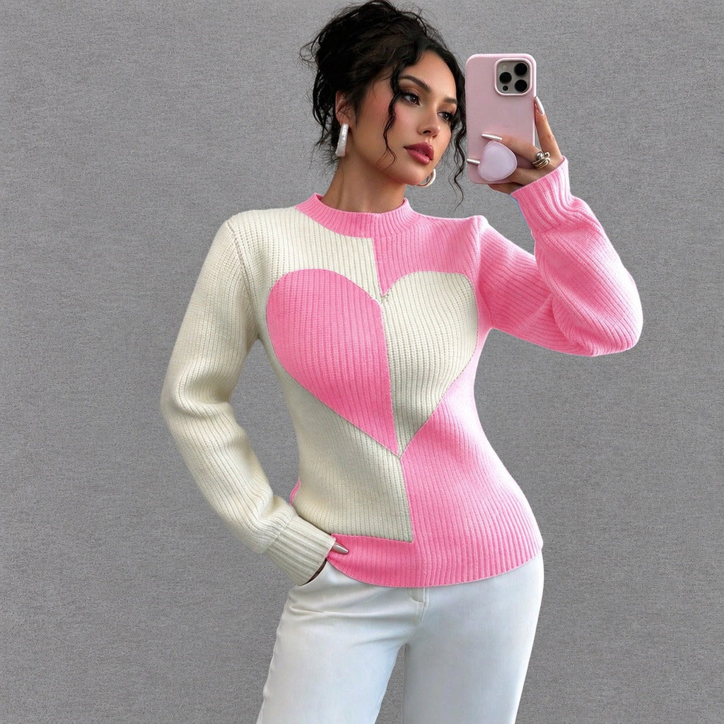 Women Pink Heart Color Block Knit Sweater Crew Neck Long Sleeve Pullover Top
