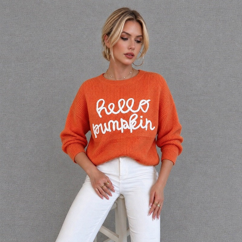Orange Hello Pumpkin Graphic Oversized Knit Jumper