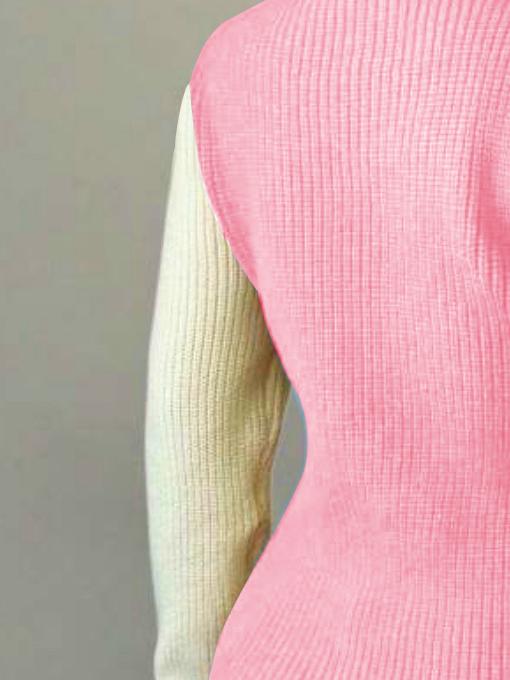 Women Pink Heart Color Block Knit Sweater Crew Neck Long Sleeve Pullover Top