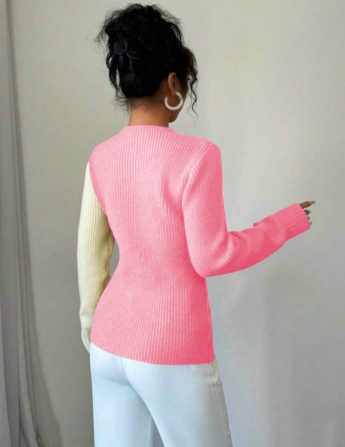 Women Pink Heart Color Block Knit Sweater Crew Neck Long Sleeve Pullover Top