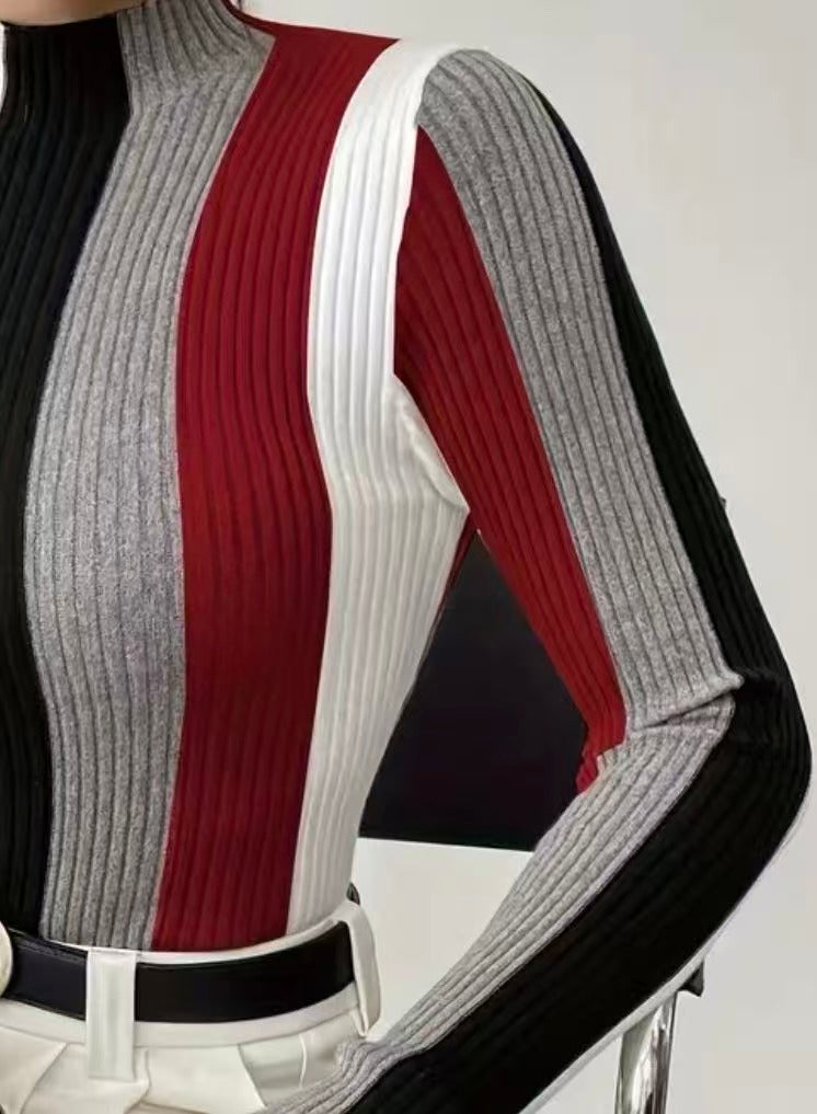 Striped Ribbed Mock Neck Knit Top